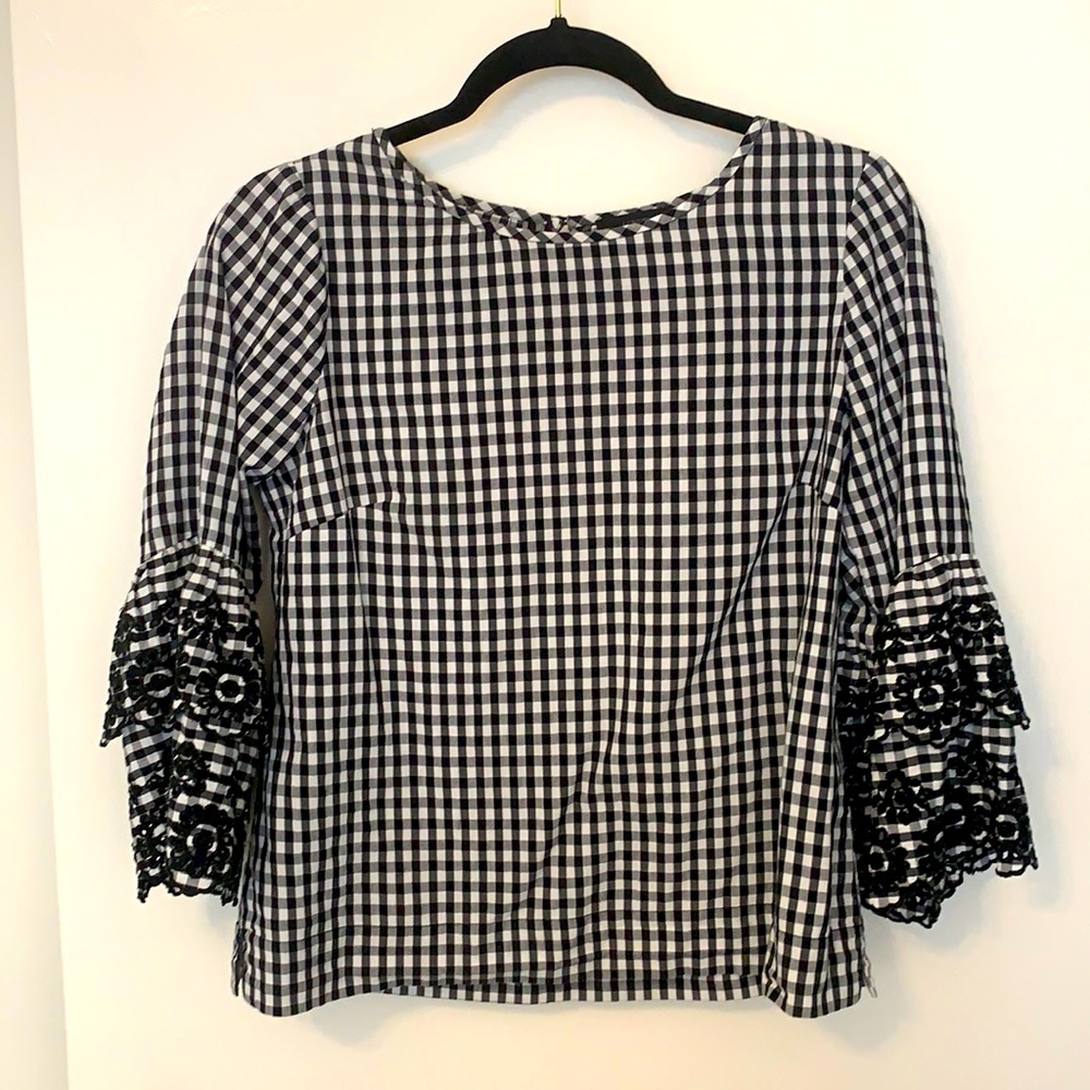 JCrew Ruffle Eyelet Sleeve Gingham Top